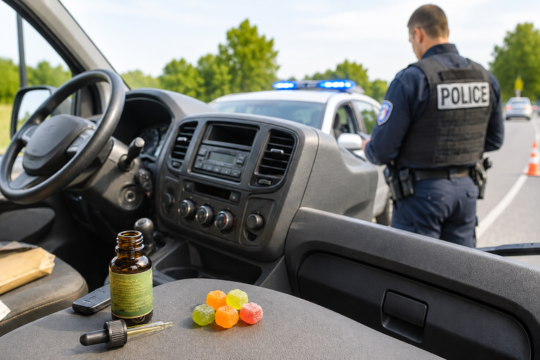 Article-Infraction-actualité-CBD-Conduite Contrôle de police avec variété de bonbons gélifiés sur le tableau de bord d'un véhicule.