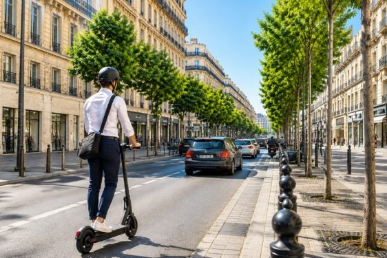 Article_Actualité_Célandine_Rigoulot_trottinette-electrique-casque-obligatoire Jeune homme en trottinette électrique portant un casque, circulant sur une avenue urbaine à Marseille au milieu de la circulation.