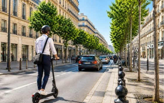 Jeune homme en trottinette électrique portant un casque, circulant sur une avenue urbaine à Marseille au milieu de la circulation.