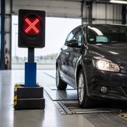 Voiture noire près d'un feu rouge en forme de X dans un atelier.