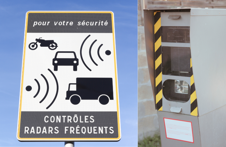 Célandine_Rigoulot_radar_controle_assurance Panneau avertissant des contrôles de vitesse fréquents avec symboles de véhicule.